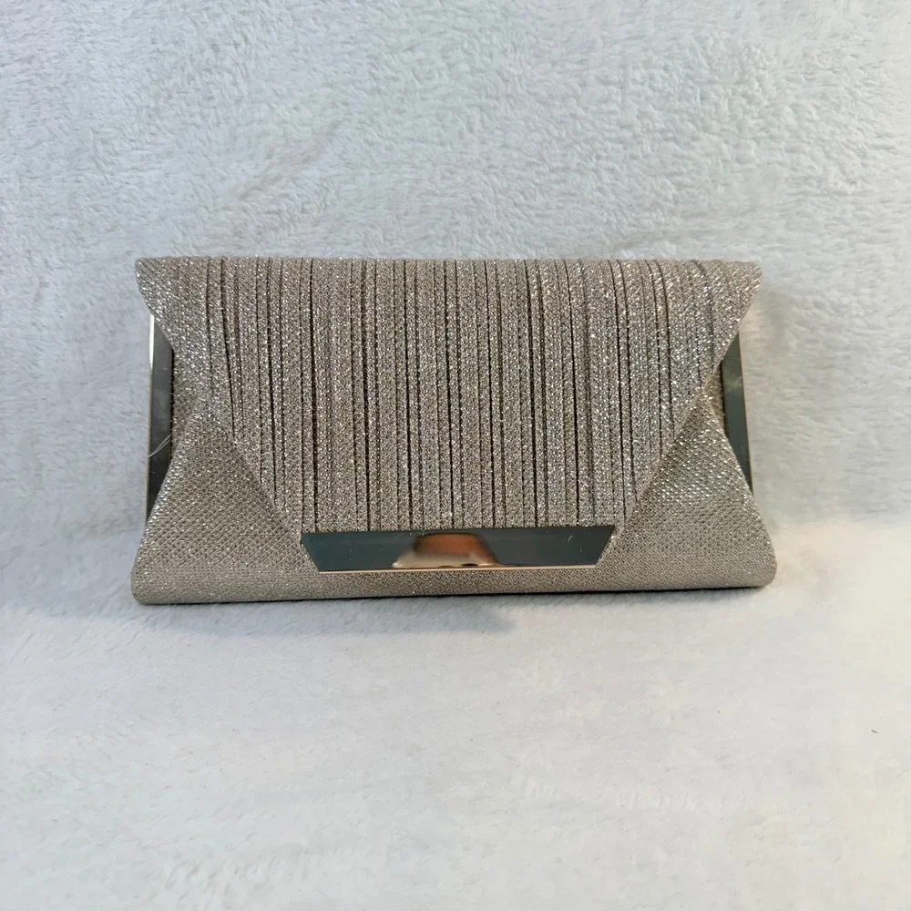 Evening Blingy Clutch Champagne Gold Pleated Glitter Mesh | Chain for Shoulder